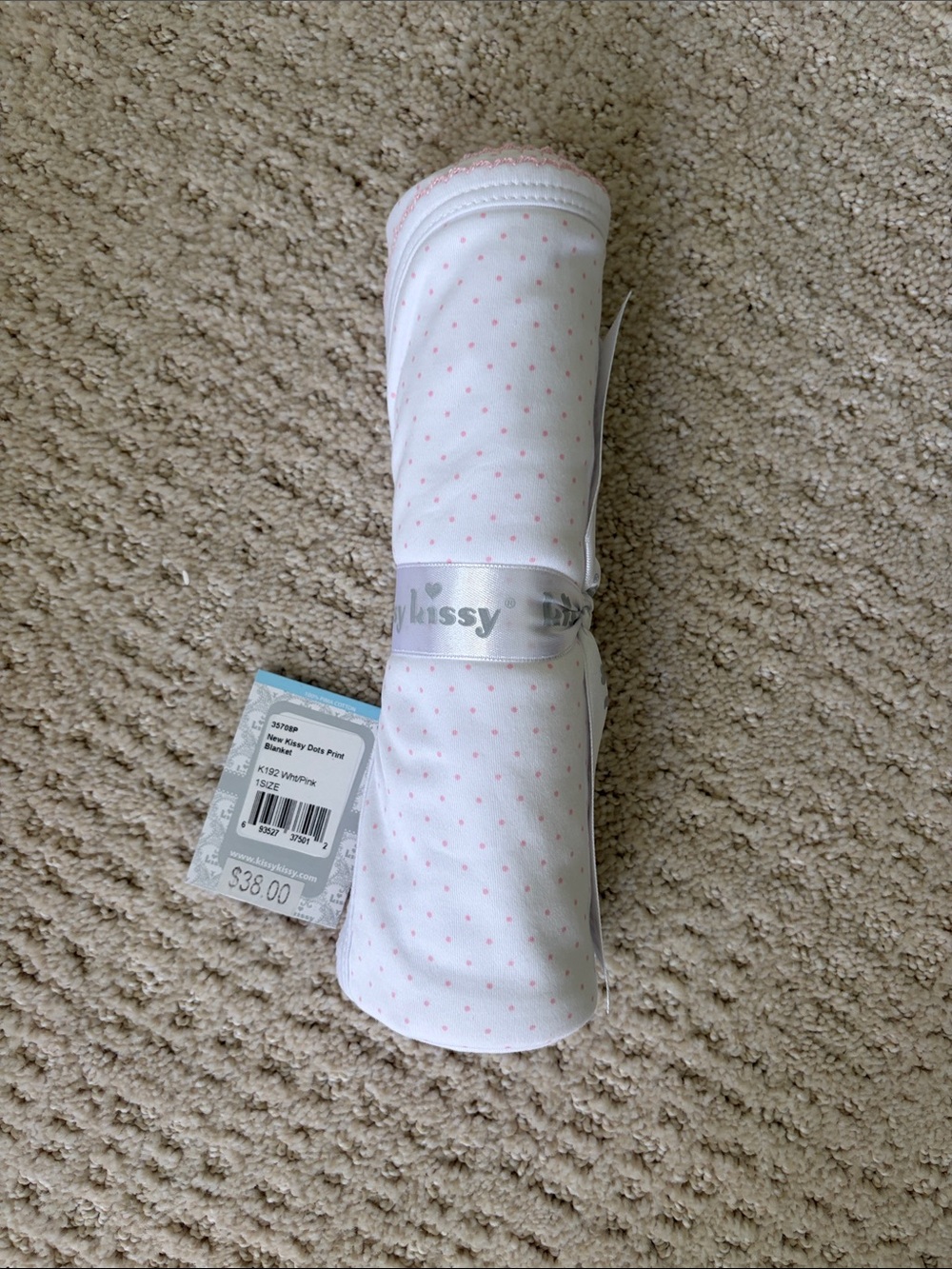 Kissy Kissy White blanket with Pink Polka Dots
